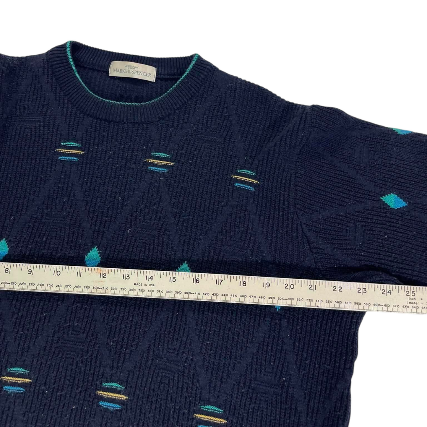 NAVY BLUE MARKS & SPENCER KNITTED SWEATER GREEN AND YELLOW DETAILS (M)