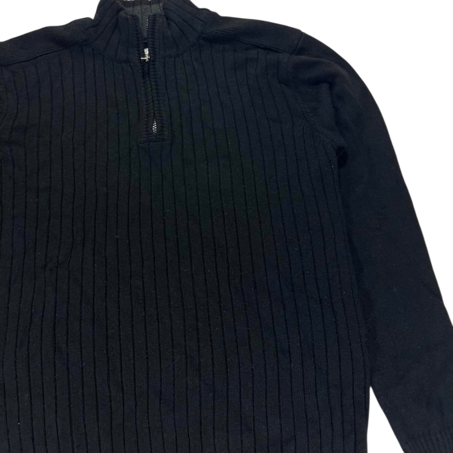 PILGRIM BLACK QUARTER ZIP SWEATER WITH RIBBED COLLAR AND CUFFS (S-M)
