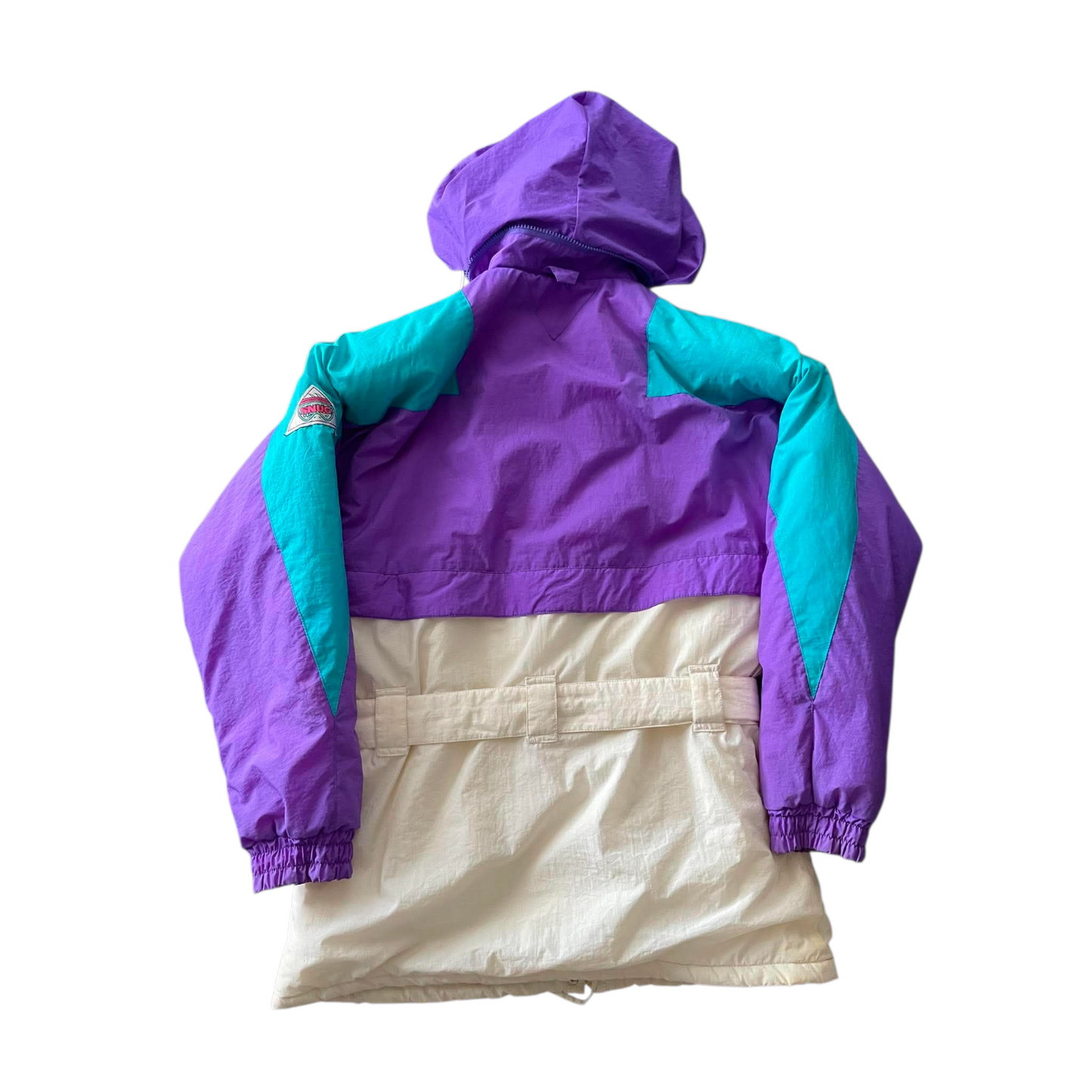 CREAM AND PURPLE VINTAGE REVERSIBLE SKI JACKET WITH HOOD (L)