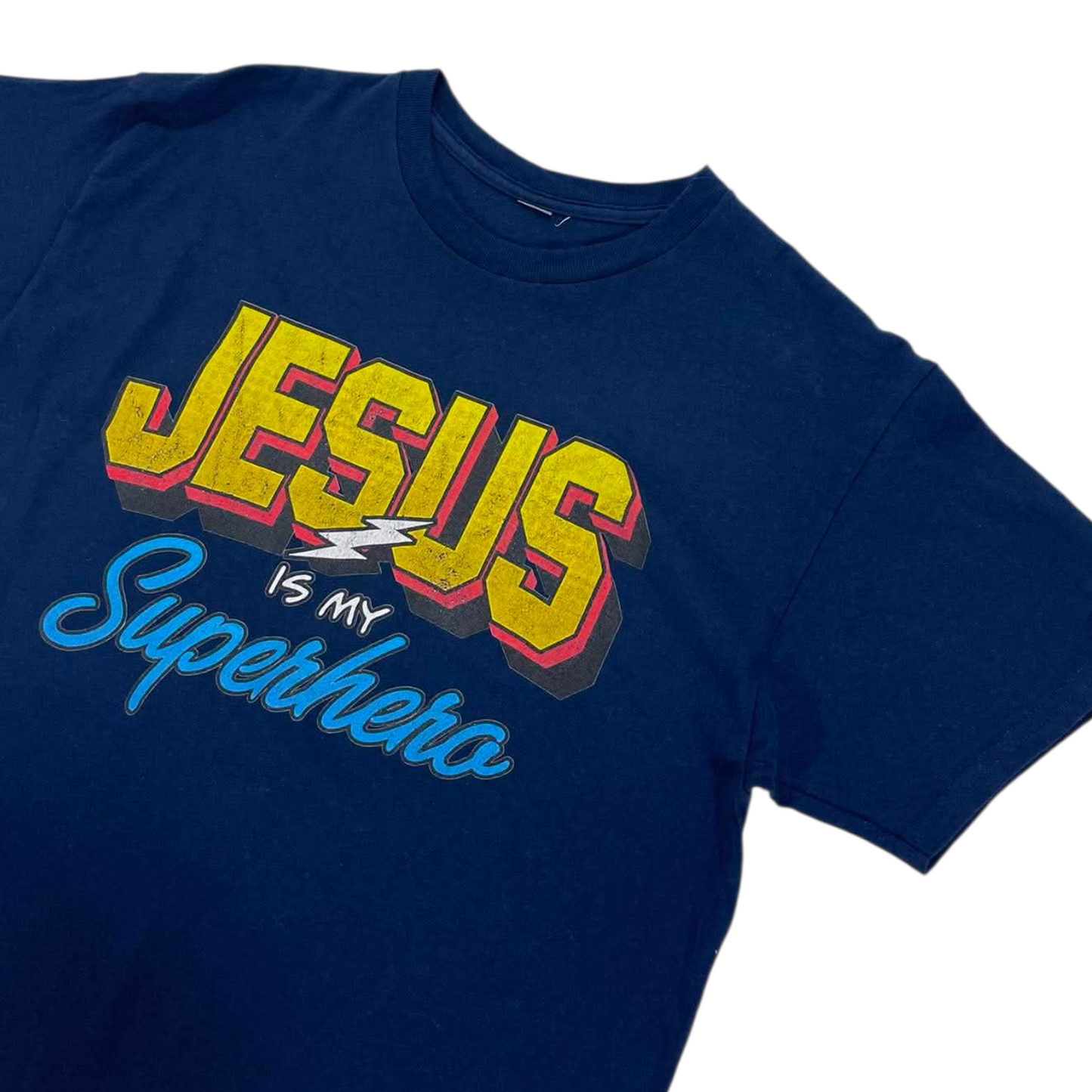JESUS IS MY SUPERHERO NAVY BLUE T-SHIRT (M)