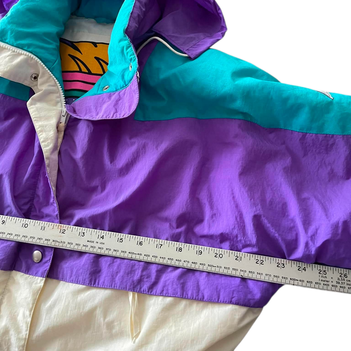 CREAM AND PURPLE VINTAGE REVERSIBLE SKI JACKET WITH HOOD (L)