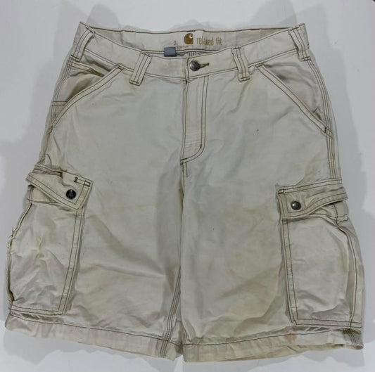 TRASHED CARHARTT CREAM CARGO SHORTS (32)