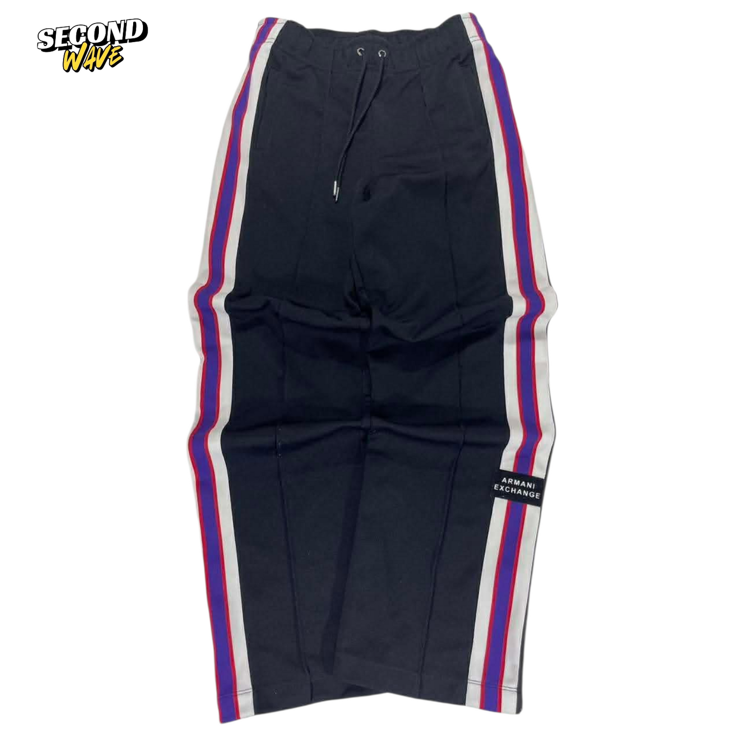 ARMANI EXCHANGE NAVY TRACK PANTS WITH PINK AND PURPLE STRIPES (M)