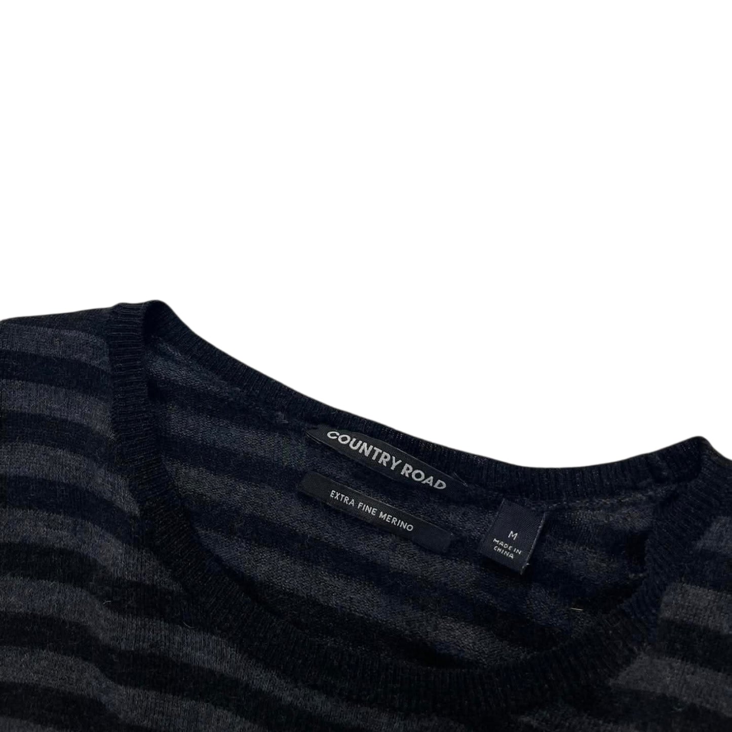 COUNTRY ROAD NAVY BLUE STRIPED EXTRA FINE MERINO WOOL SWEATER (M)