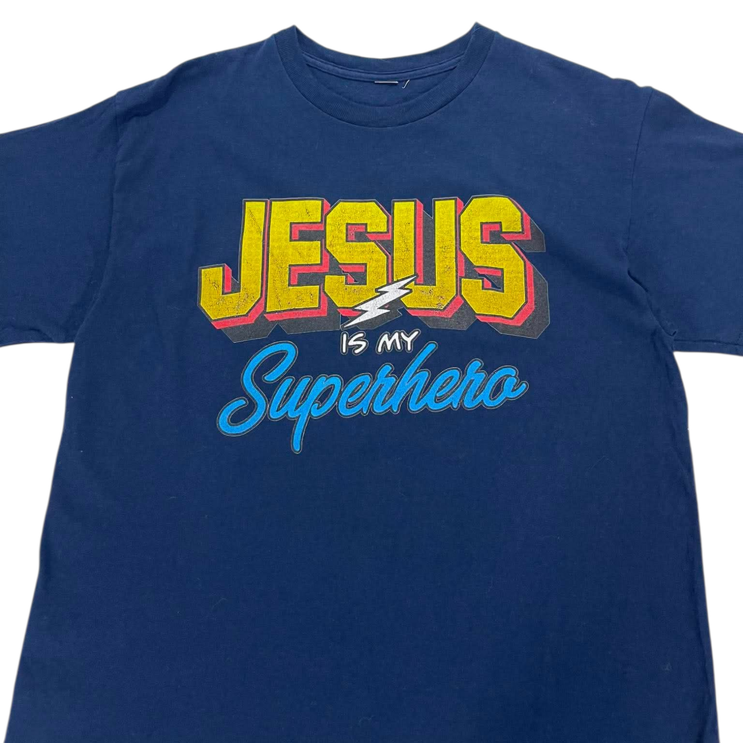 JESUS IS MY SUPERHERO NAVY BLUE T-SHIRT (M)