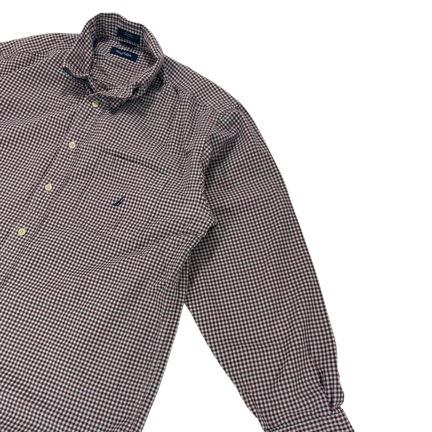 NAUTICA BROWN GINGHAM BUTTON DOWN SHIRT (L)