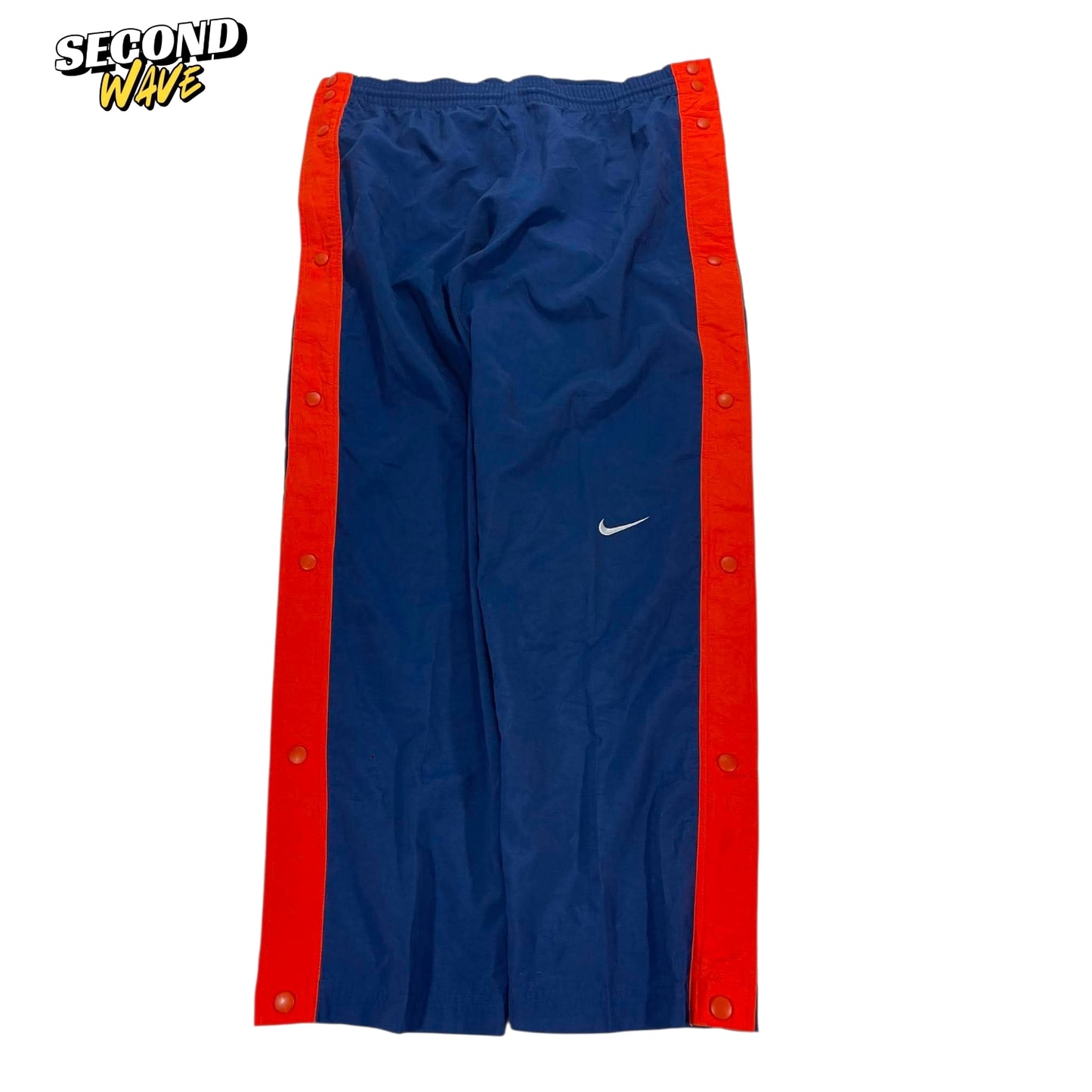 VINTAGE NIKE NAVY BLUE AND ORANGE SNAP ON TRACK PANTS (L)