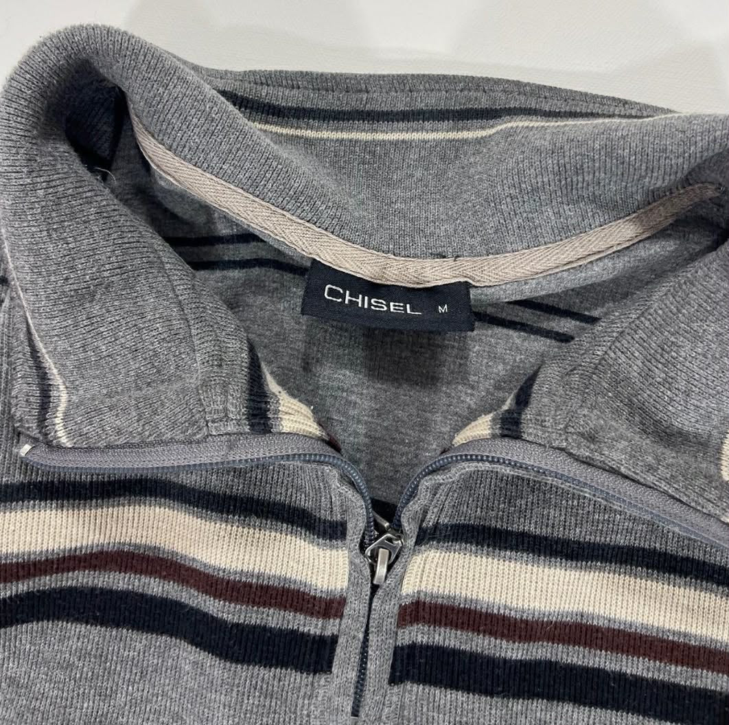 VINTAGE CHISEL GREY STRIPED QUARTER ZIP SWEATSHIRT (M-L)