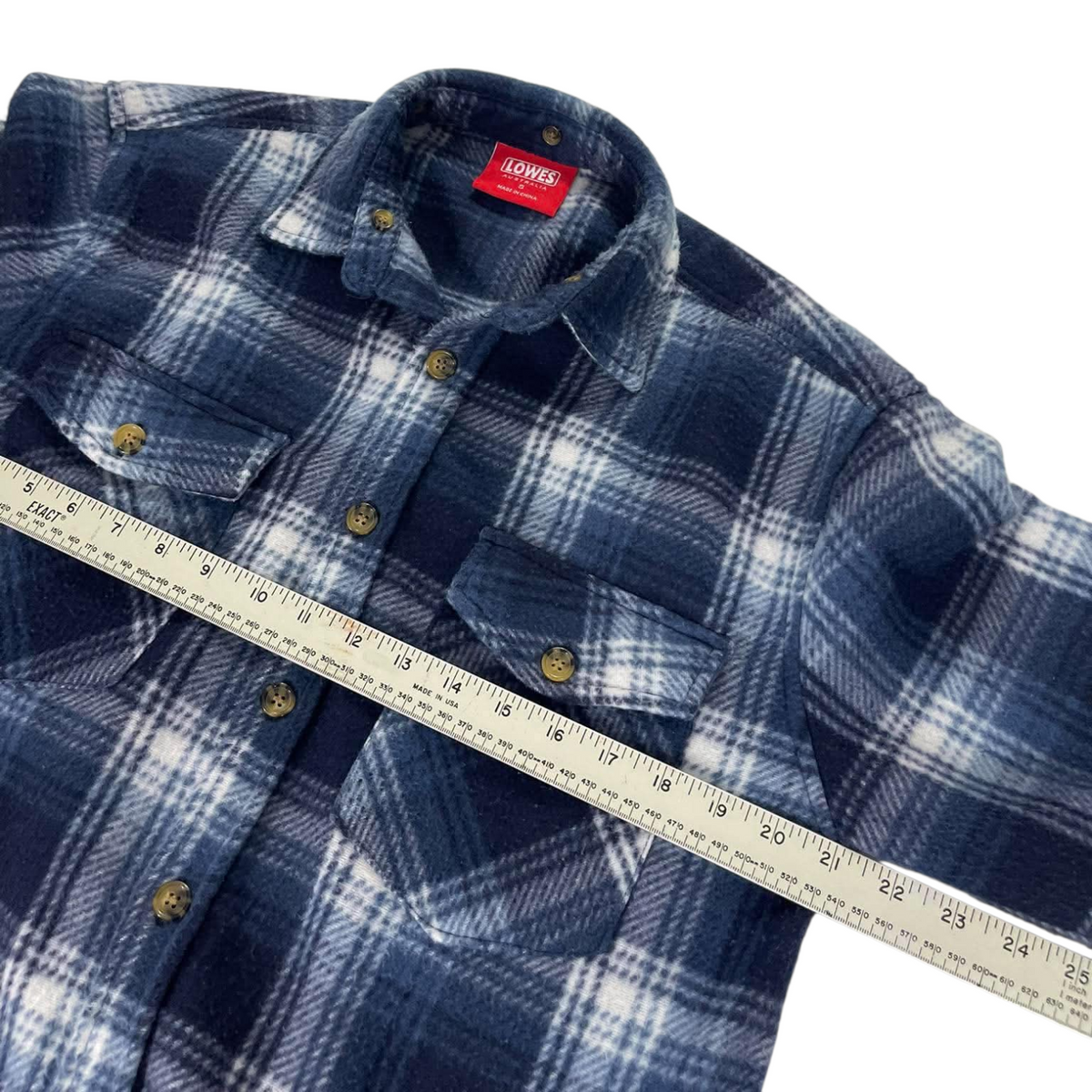 LOWES AUSTRALIA BLUE & WHITE PLAID FLANNEL (S, FITS LIKE M - L)