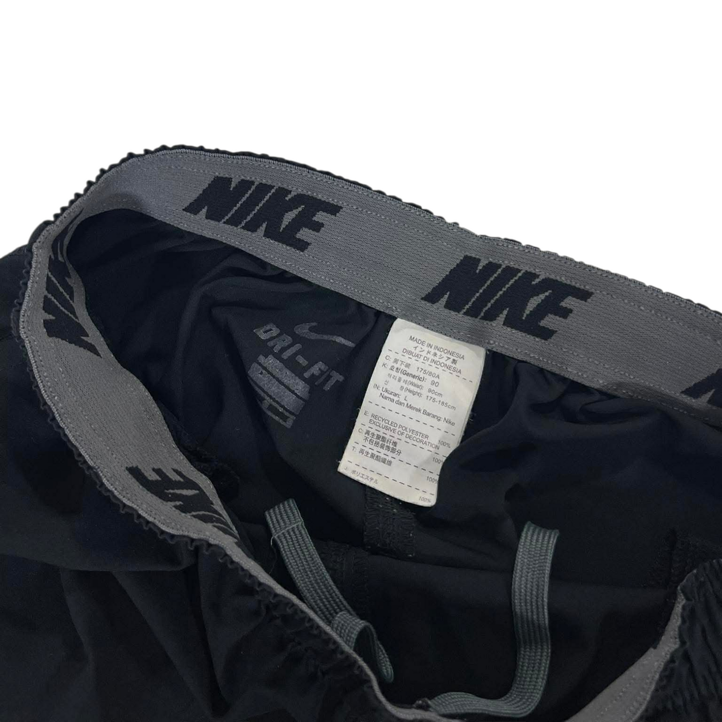 VINTAGE BAGGY NIKE BLACK TRACK PANTS WITH SWOOSH AND DRAWSTRING WAIST (L)