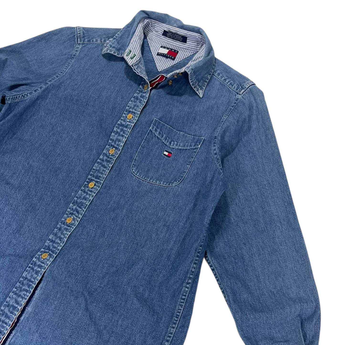 VINTAGE TOMMY HILFIGER BLUE DENIM BUTTON UP SHIRT (M)