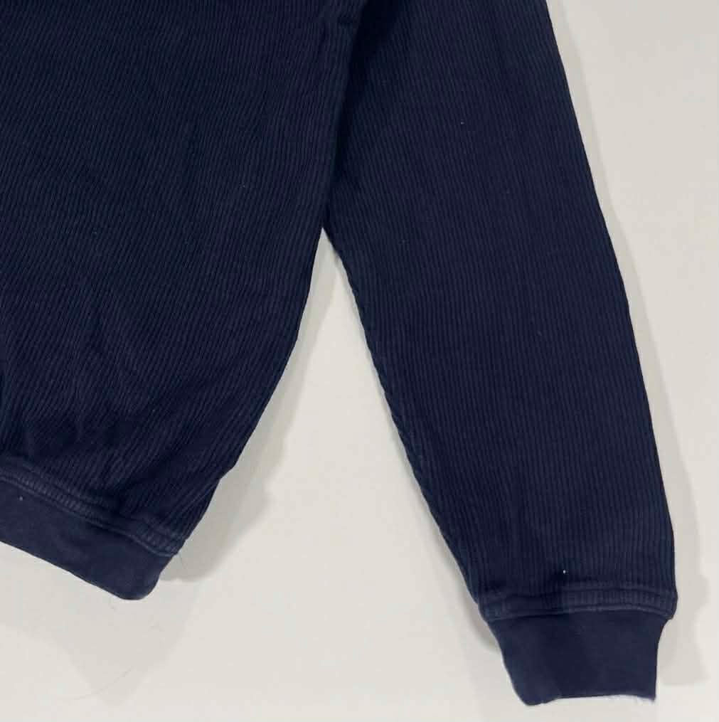 HEAVY MATERIAL PETRONA MILLER NAVY BLUE QUARTER ZIP JUMPER MADE IN NZ (L)