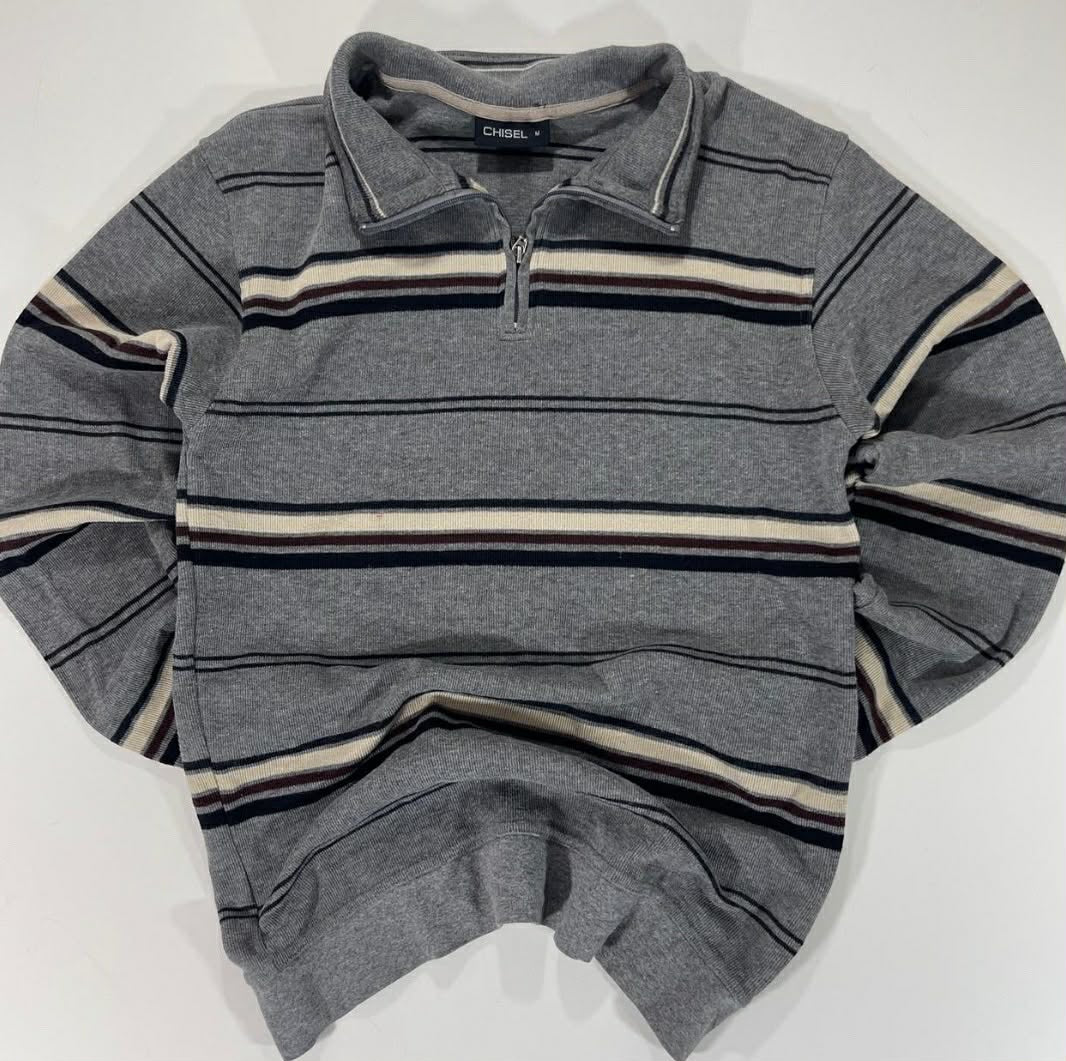 VINTAGE CHISEL GREY STRIPED QUARTER ZIP SWEATSHIRT (M-L)