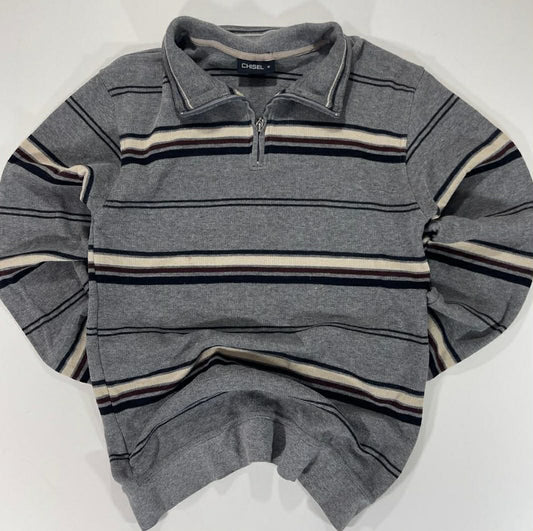 VINTAGE CHISEL GREY STRIPED QUARTER ZIP SWEATSHIRT (M-L)