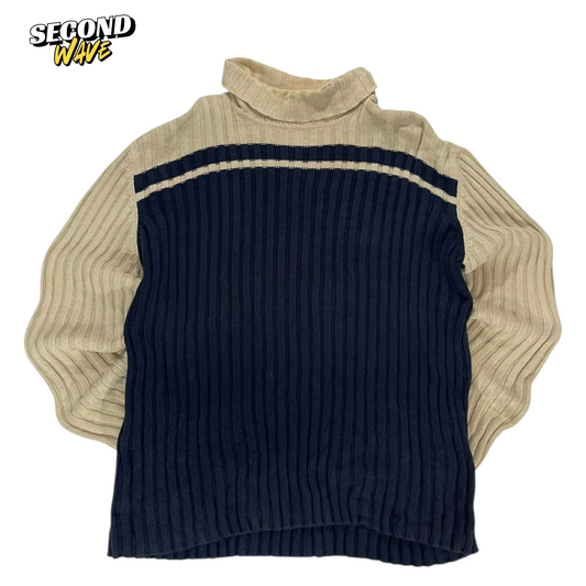 BURTON VINTAGE 90S NAVY BLUE AND CREAM STRIPED TURTLENECK SWEATER (L-XL)
