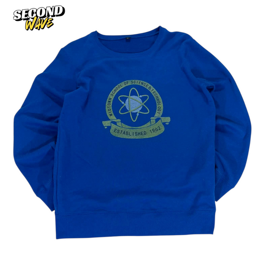 VINTAGE SCIENCE AND TECHNOLOGY BLUE CREWNECK SWEATSHIRT WITH GREEN LOGO (L)
