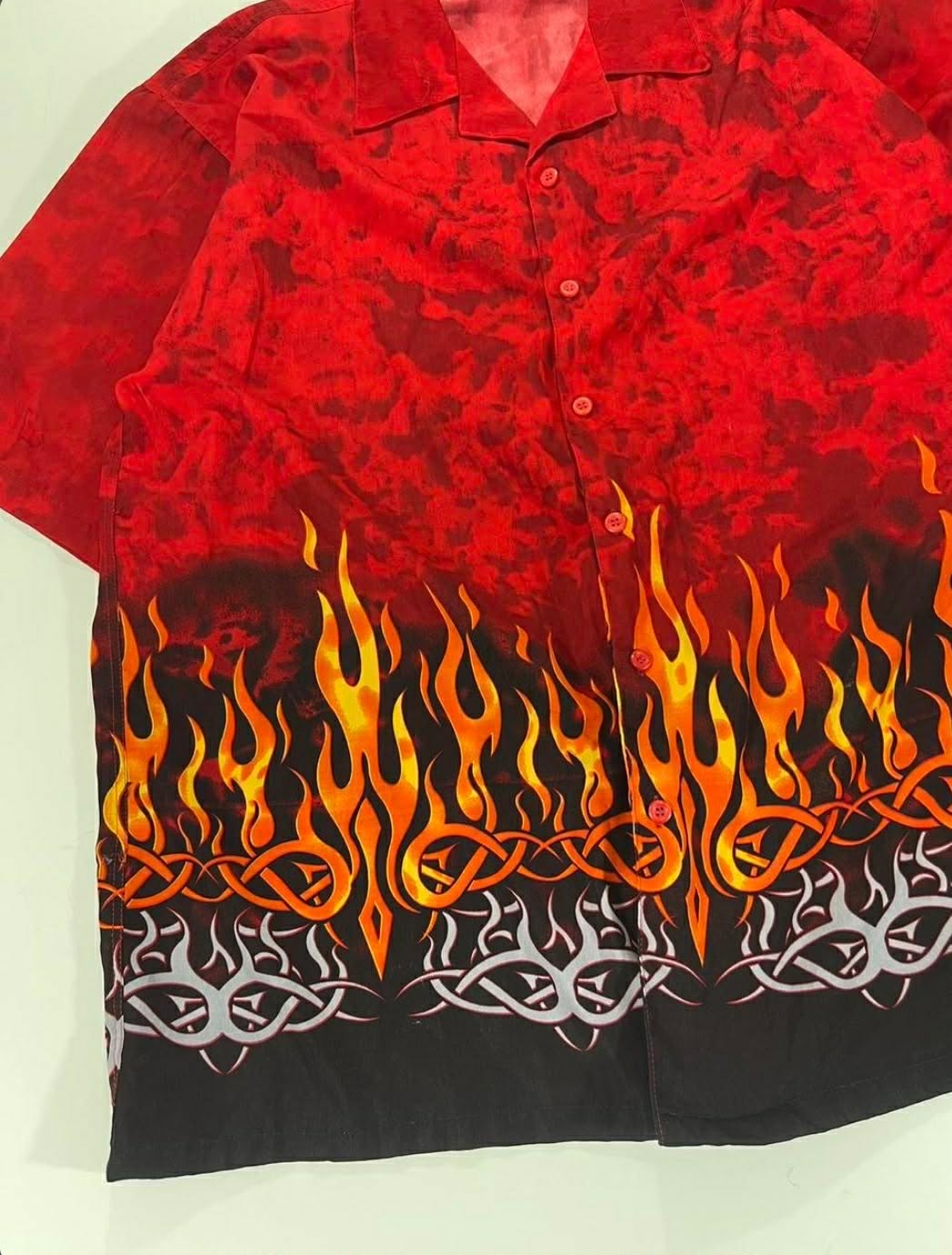Y2K RED FLAME BUTTON UP SHIRT WITH A UNIQUE DESIGN