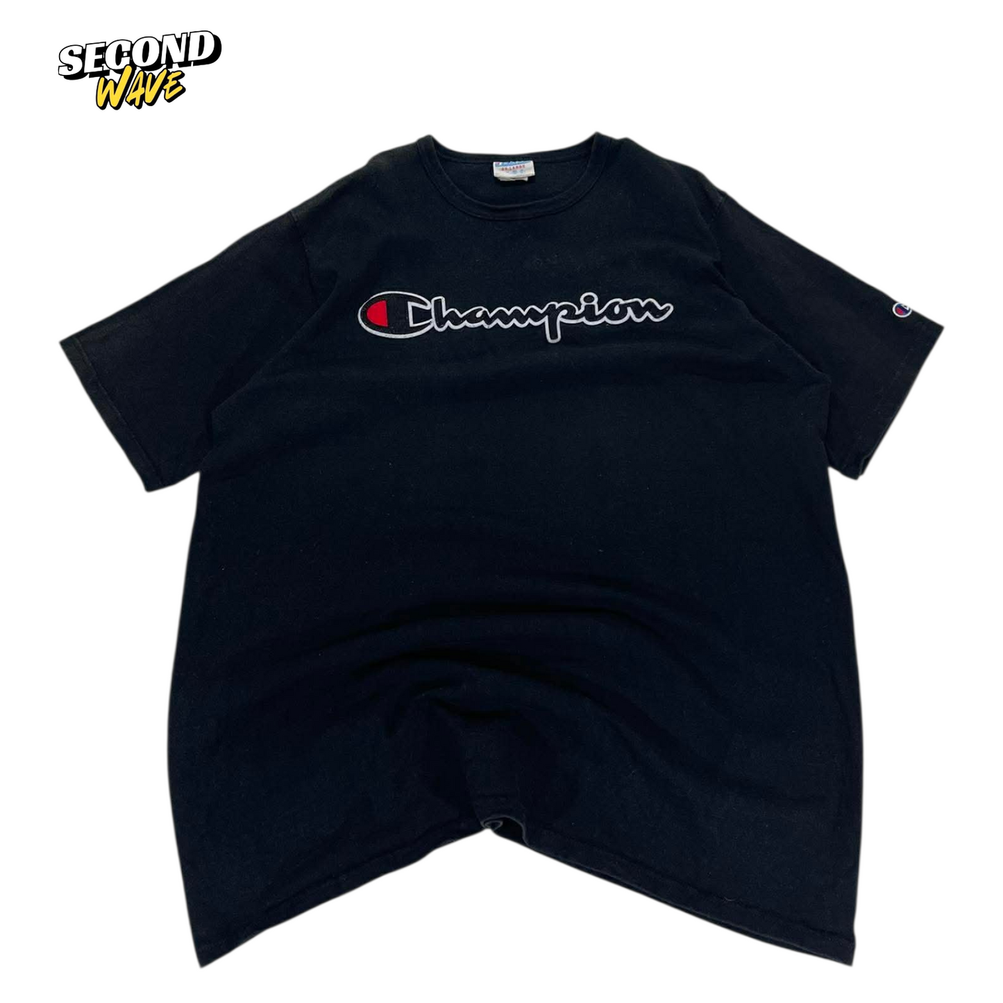 CHAMPION EMBROIDED BLACK SPELLOUT TEE (L-XL)