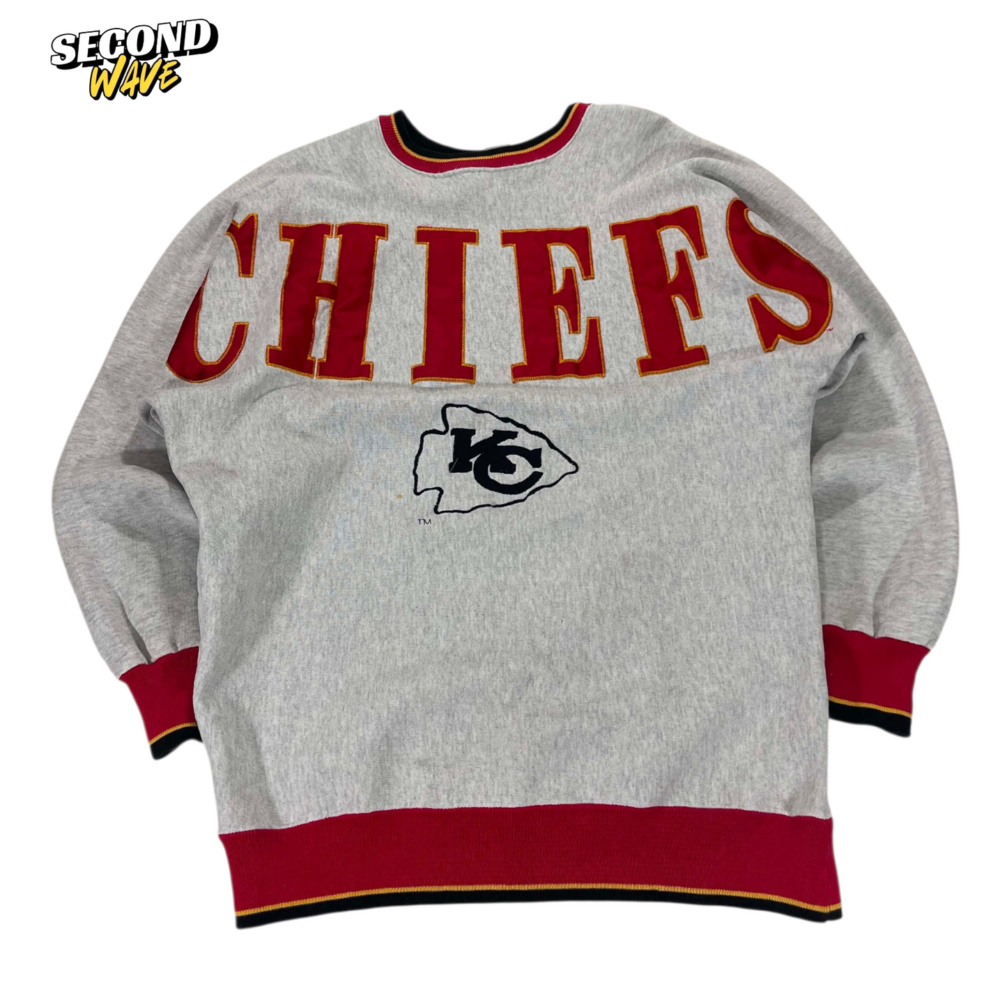 VINTAGE EMBROIDERED SPELLOUT NFL KANSAS CITY CHIEFS GRAY CREWNECK (XL)