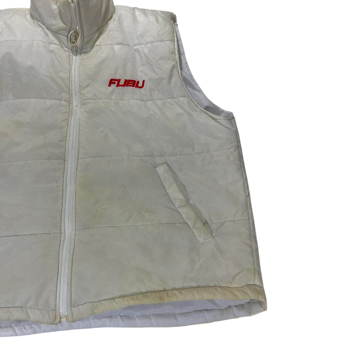 VINTAGE TRASHED FUBU WHITE PUFFER VEST (L)