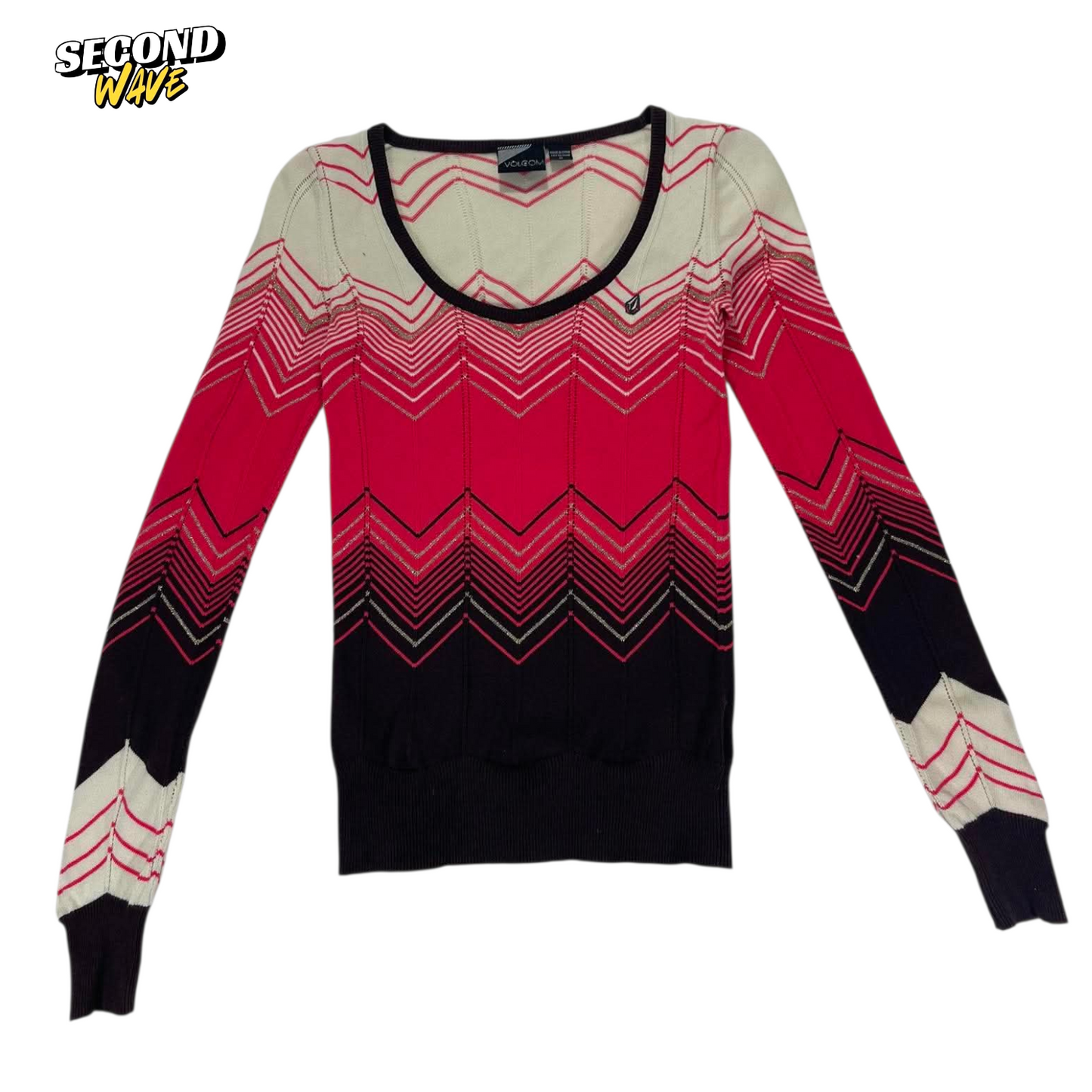 VOLCOM PINK & BLACK STRIPED LONG SLEEVE TOP (M)
