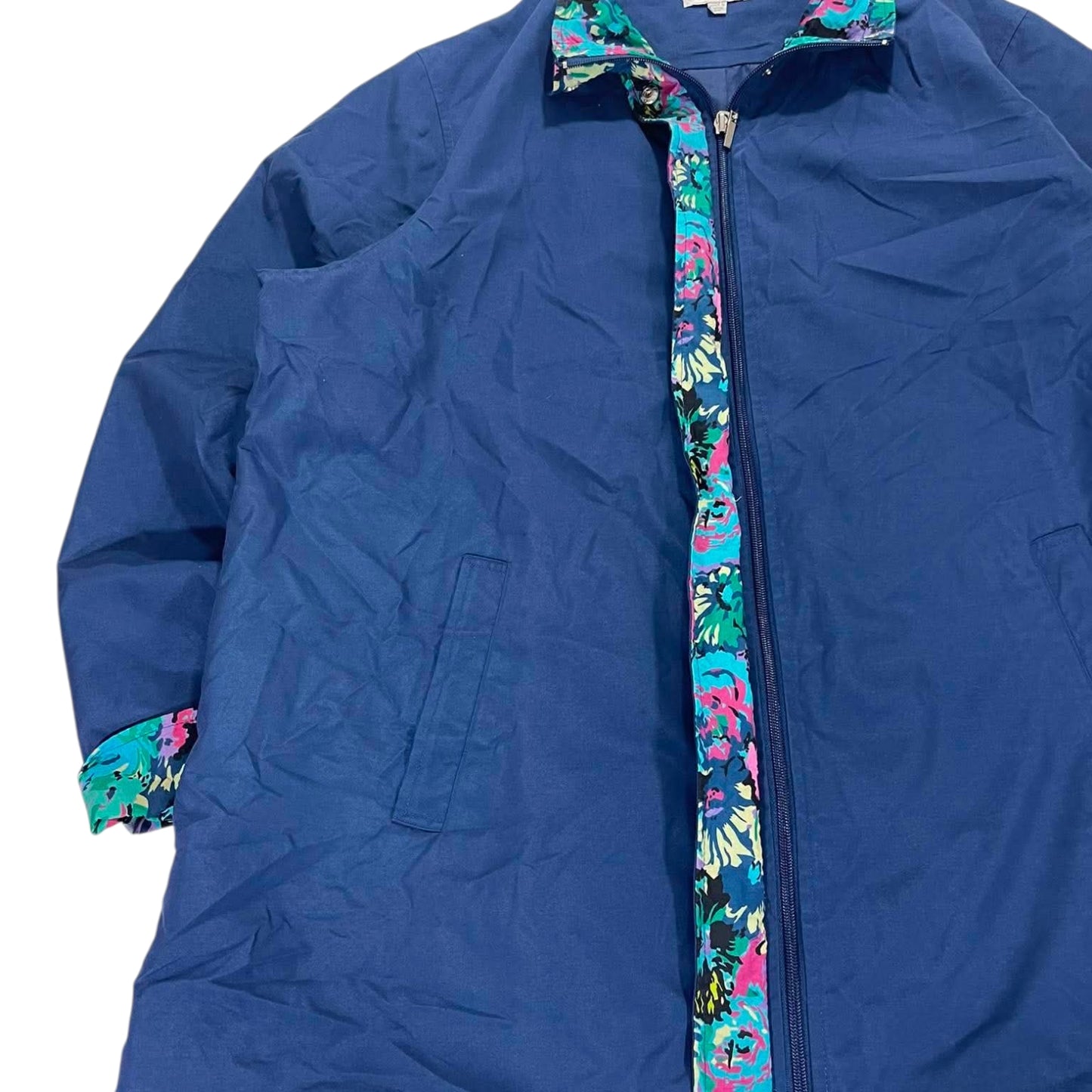 VINTAGE BLUE FLORAL PRINT ZIP UP JACKET (L)
