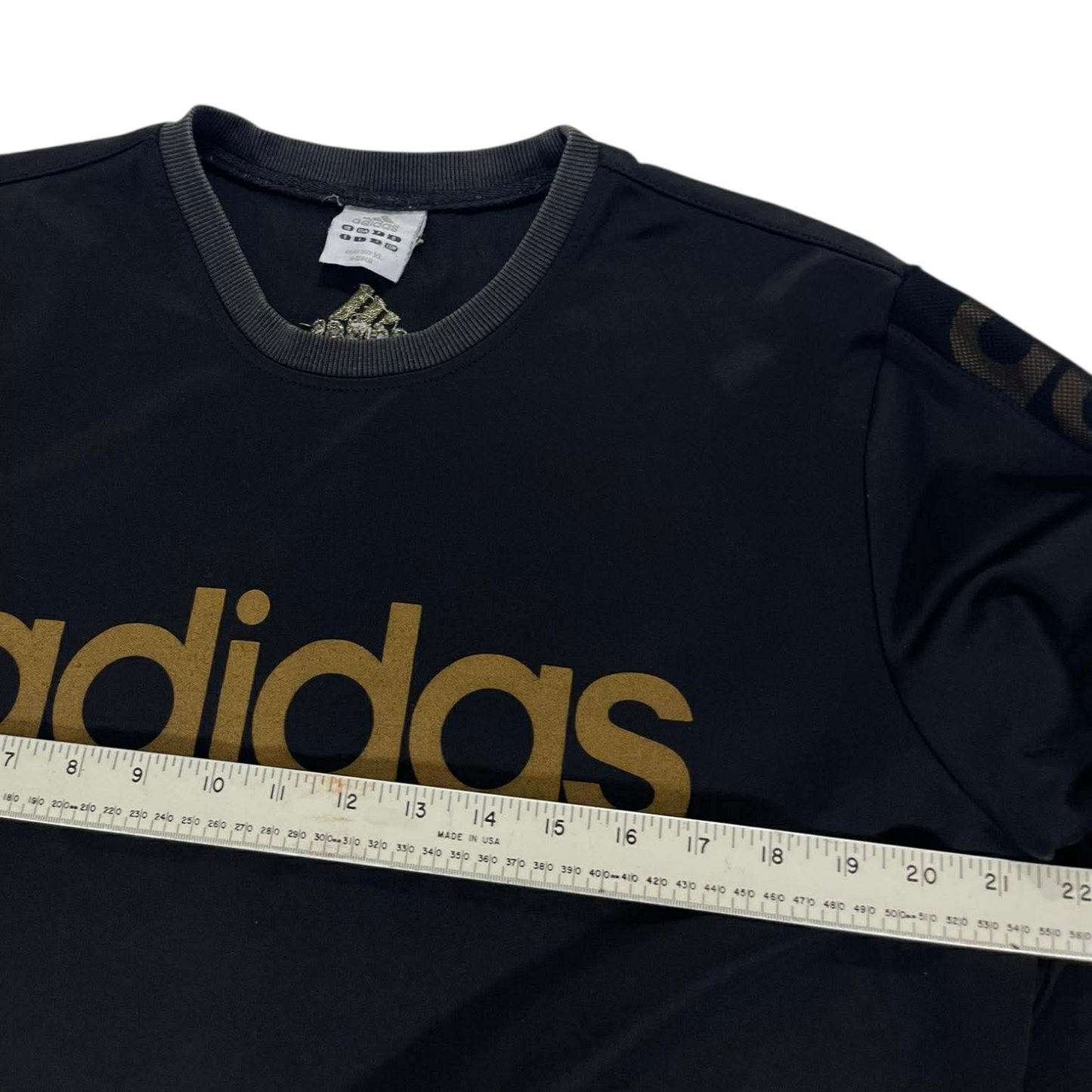 ADIDAS BLACK SWEATSHIRT WITH GOLD LOGO AND SLEEVE PRINT (M)
