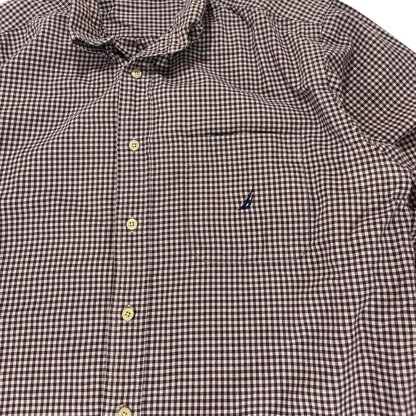 NAUTICA BROWN GINGHAM BUTTON DOWN SHIRT (L)