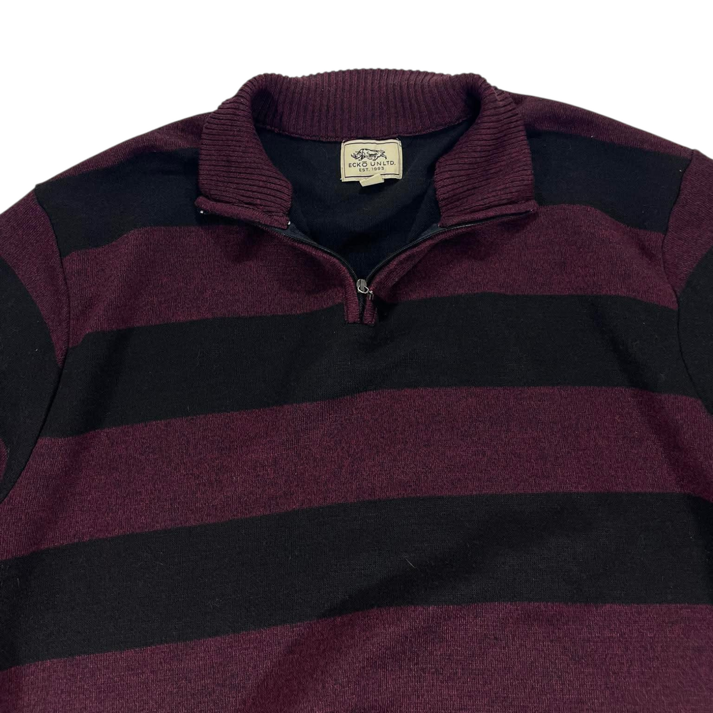 VINTAGE ECKO BURGUNDY STRIPES QUARTER ZIP SWEATER (L)