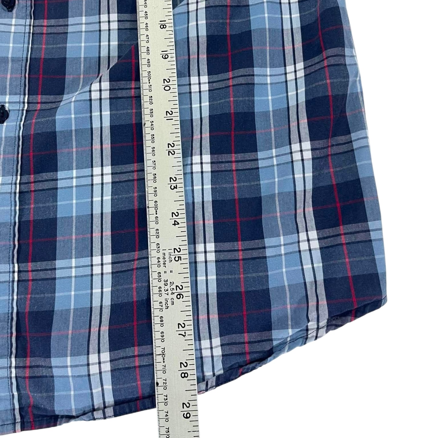 90S LINE 7 BLUE PLAID BUTTON UP SHIRT (L)