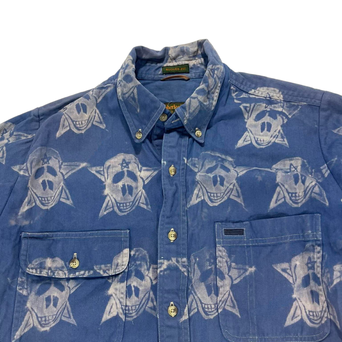 VINTAGE TIMBERLAND BLUE BUTTON UP SHIRT WITH SKULL DESIGN (M)