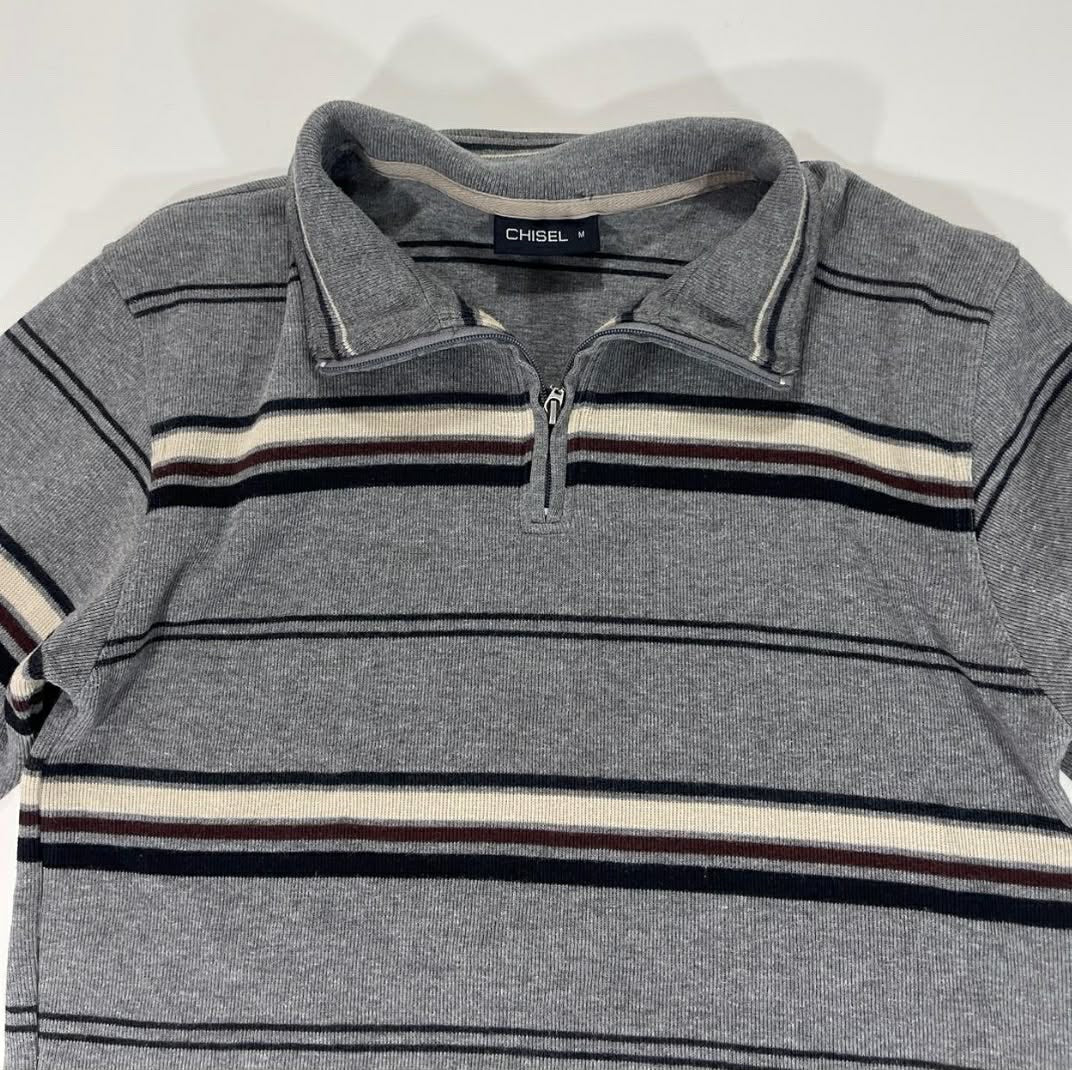 VINTAGE CHISEL GREY STRIPED QUARTER ZIP SWEATSHIRT (M-L)
