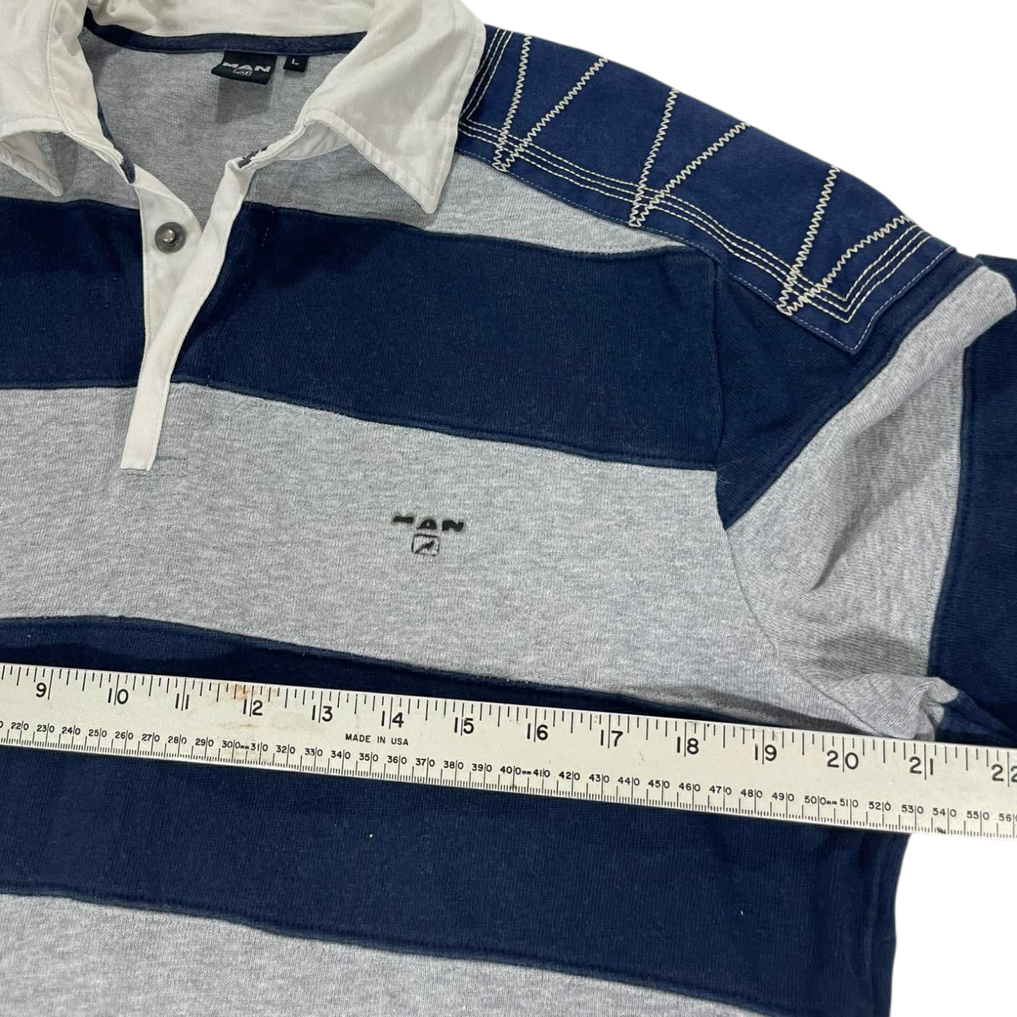 MAN NAVY BLUE & GREY STRIPED LONG SLEEVE POLO SHIRT (L)