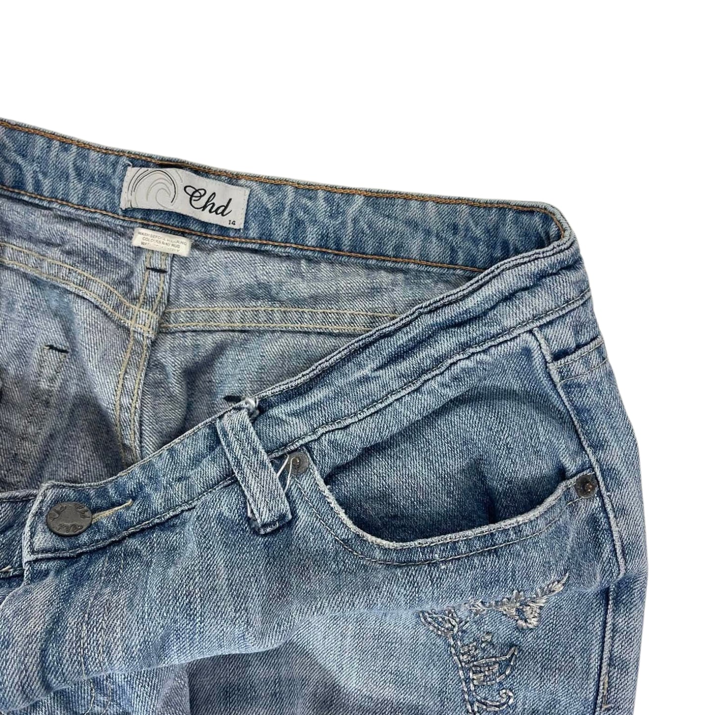 Y2K EMBROIDERED CHD LOW RISE BOOTCUT JEANS (34)
