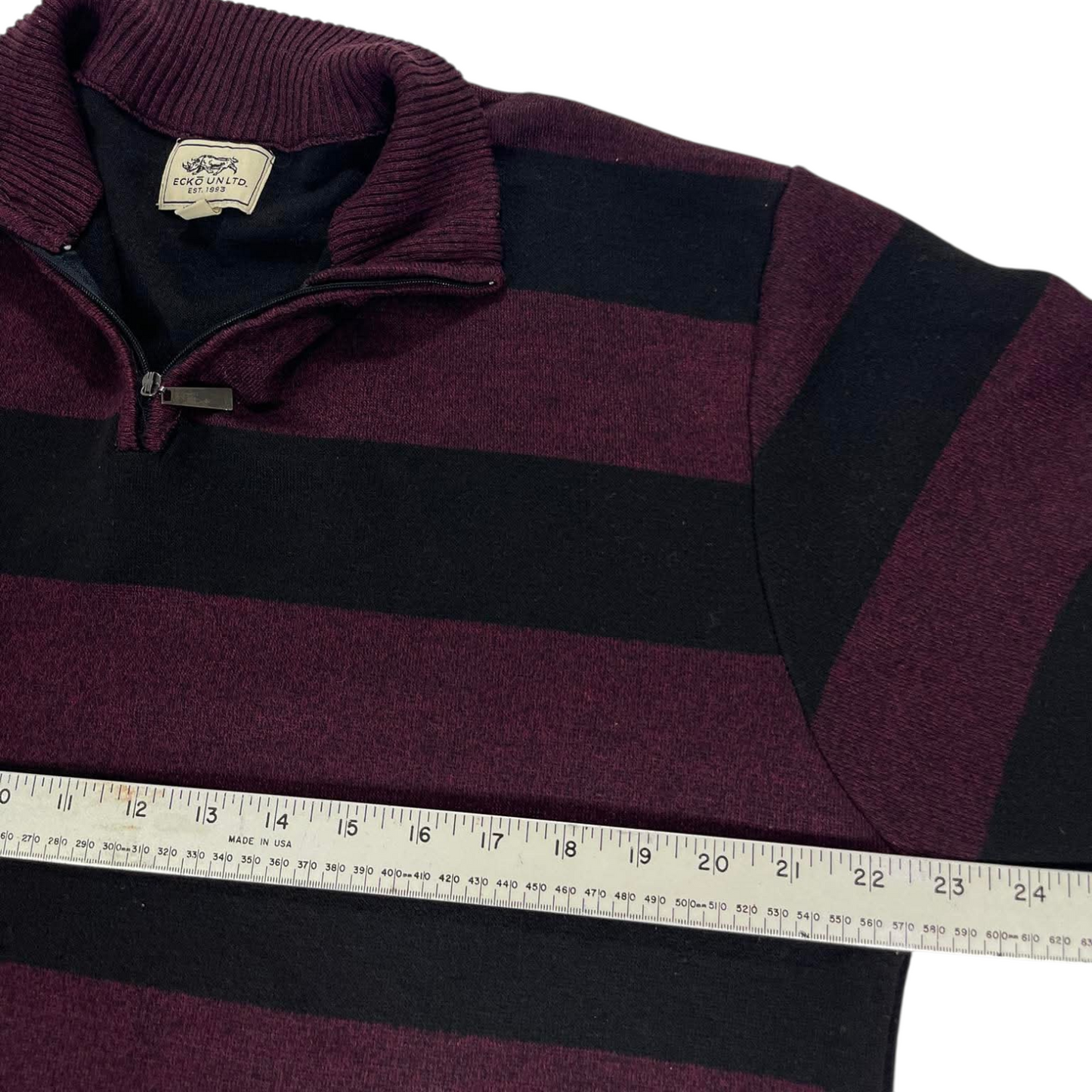 VINTAGE ECKO BURGUNDY STRIPES QUARTER ZIP SWEATER (L)