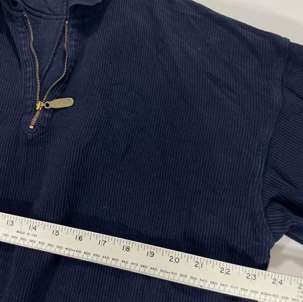 HEAVY MATERIAL PETRONA MILLER NAVY BLUE QUARTER ZIP JUMPER MADE IN NZ (L)