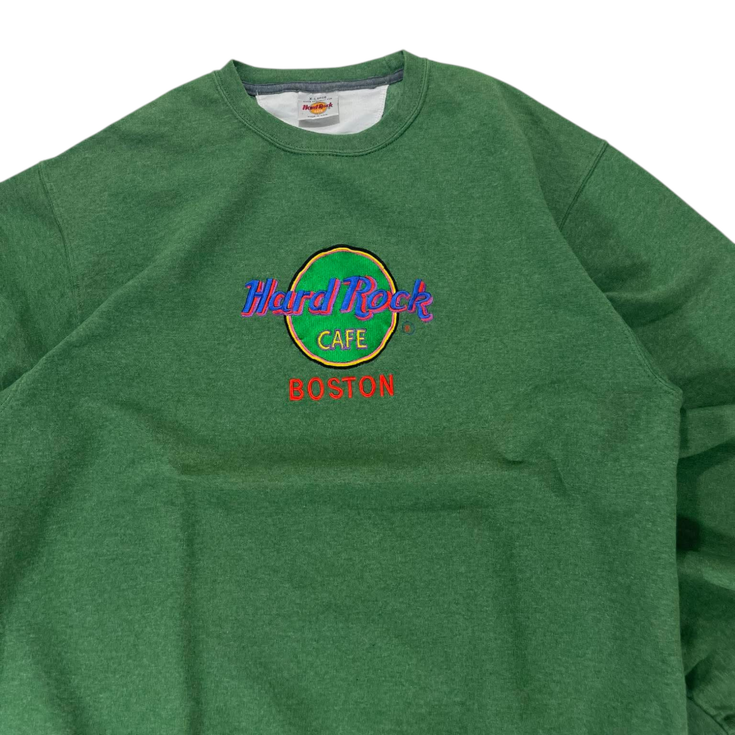 VINTAGE EMBROIDERED HARD ROCK CAFE BOSTON GREEN CREWNECK SWEATSHIRT (XL)