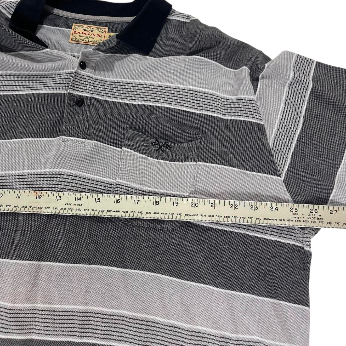 VINTAGE LOGAN & SONS GREY STRIPED POLO SHIRT (XL)