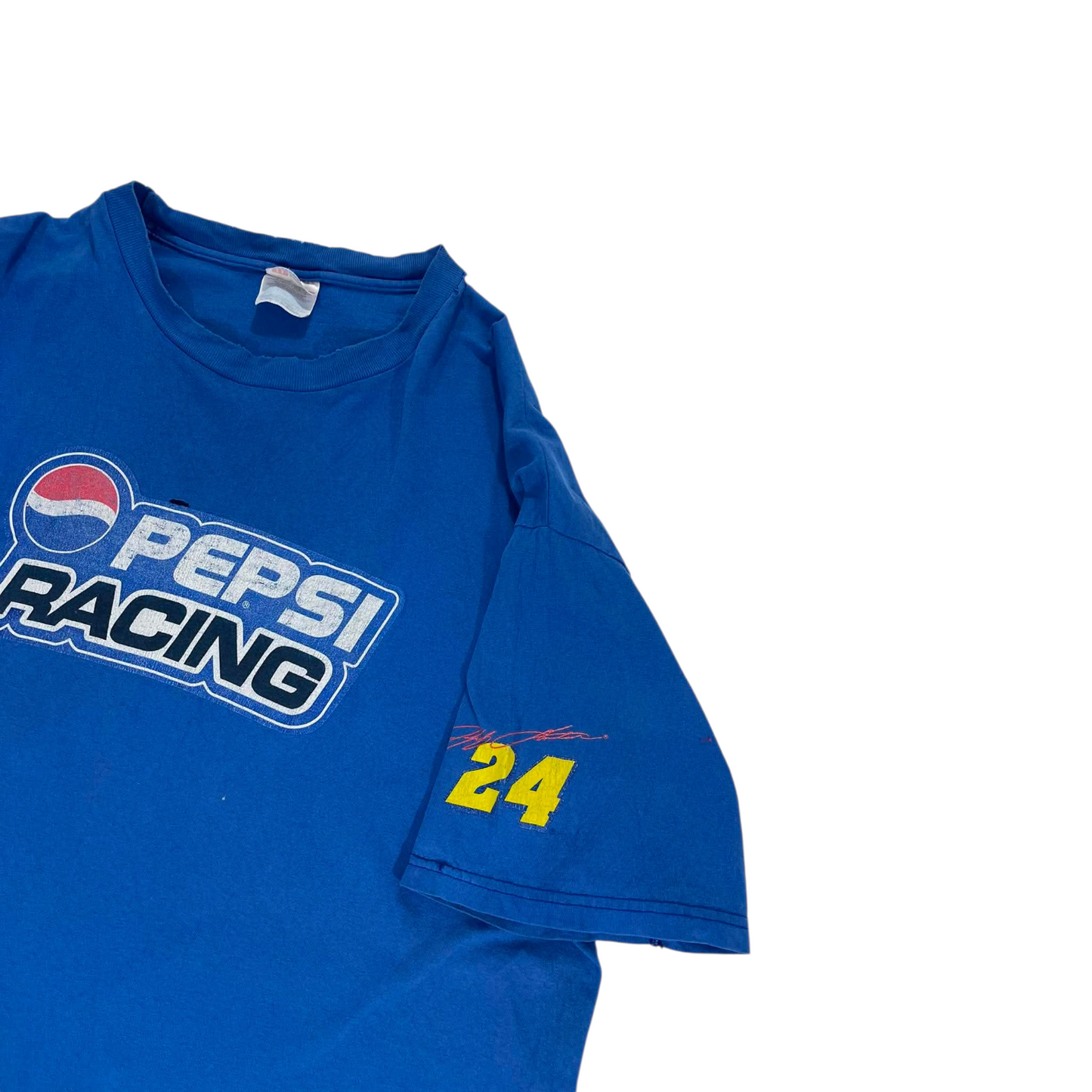 VINTAGE TRASHED PEPSI RACING BLUE COTTON T-SHIRT (L)