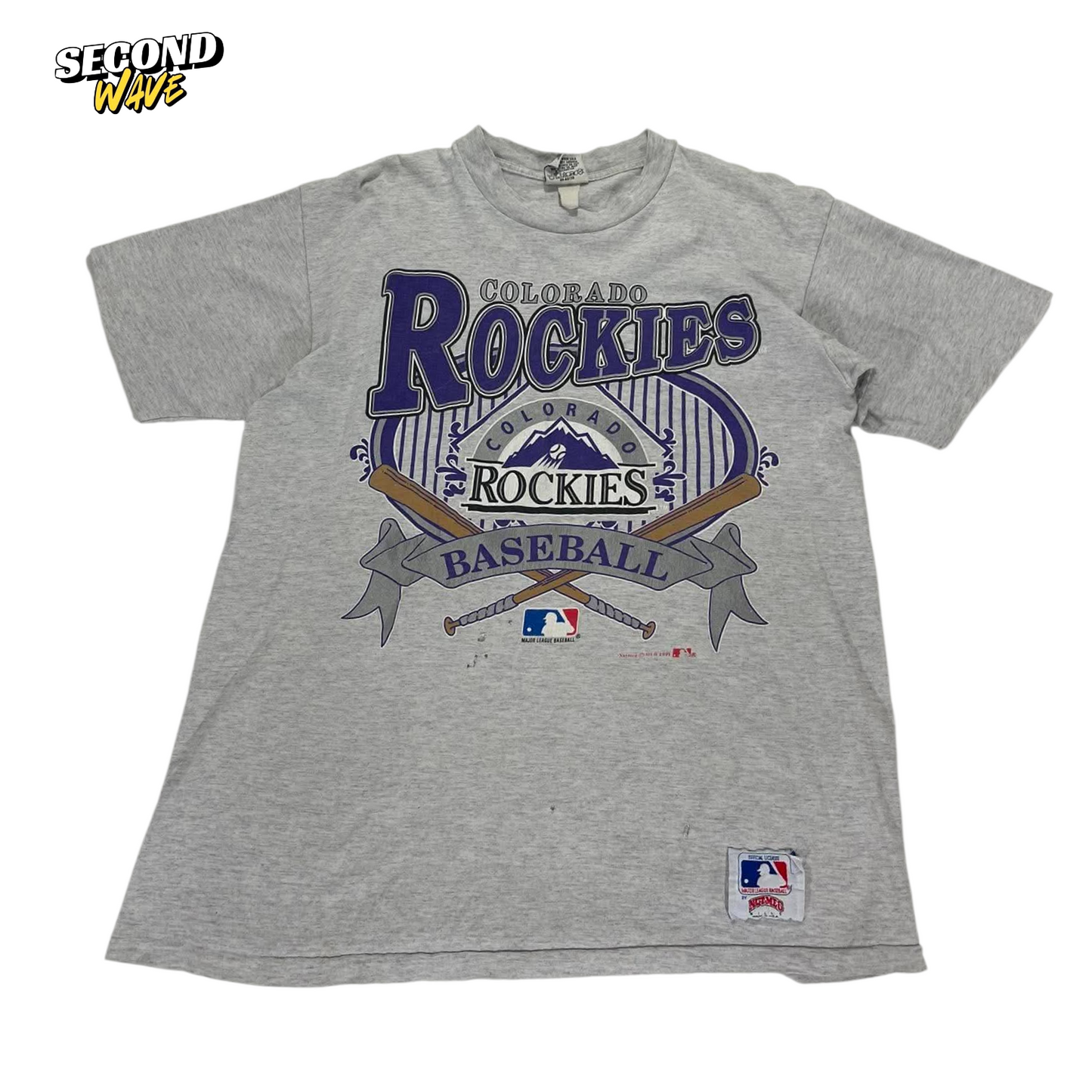 90S NUTMEG TRASHED COLORADO ROCKIES GREY BASEBALL TEE (M)