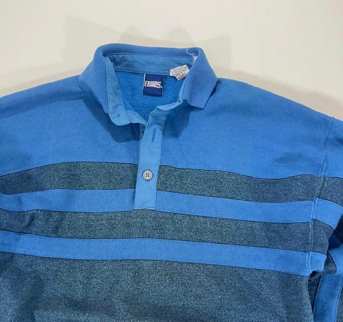 VINTAGE BLUE STRIPED LONG SLEEVED POLO SHIRT (M)