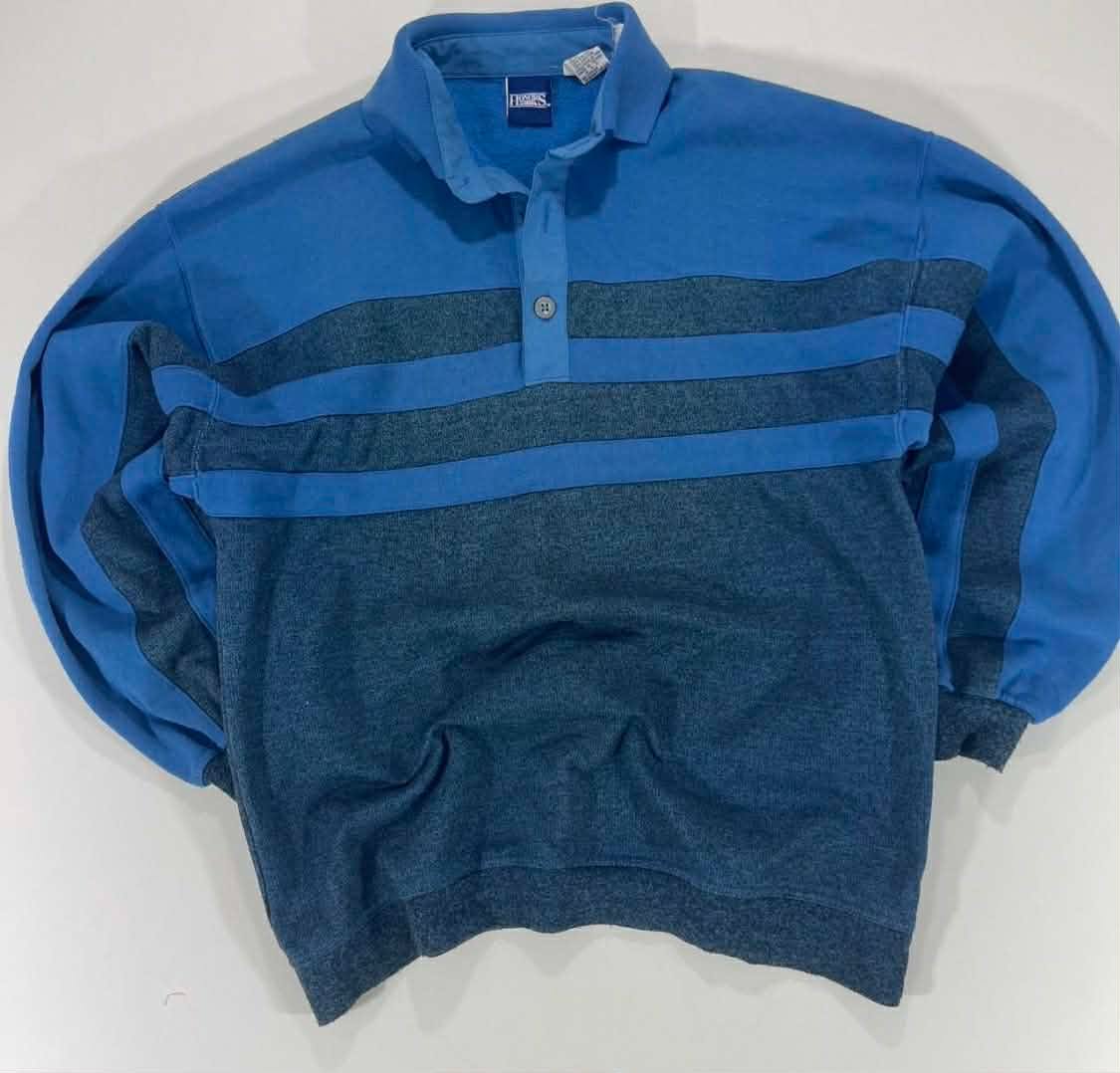 VINTAGE BLUE STRIPED LONG SLEEVED POLO SHIRT (M)