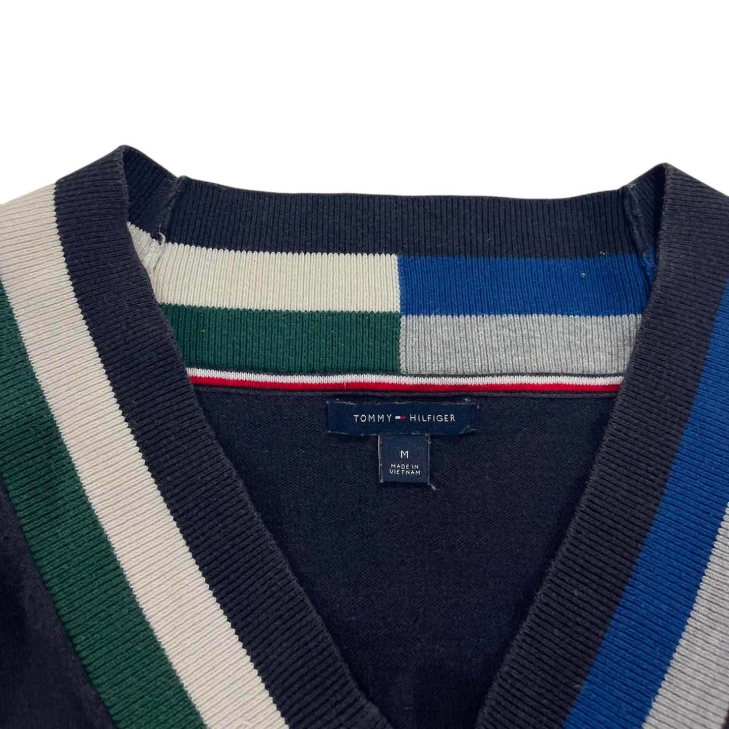 TOMMY HILFIGER NAVY BLUE STRIPED V-NECK SWEATER (M)