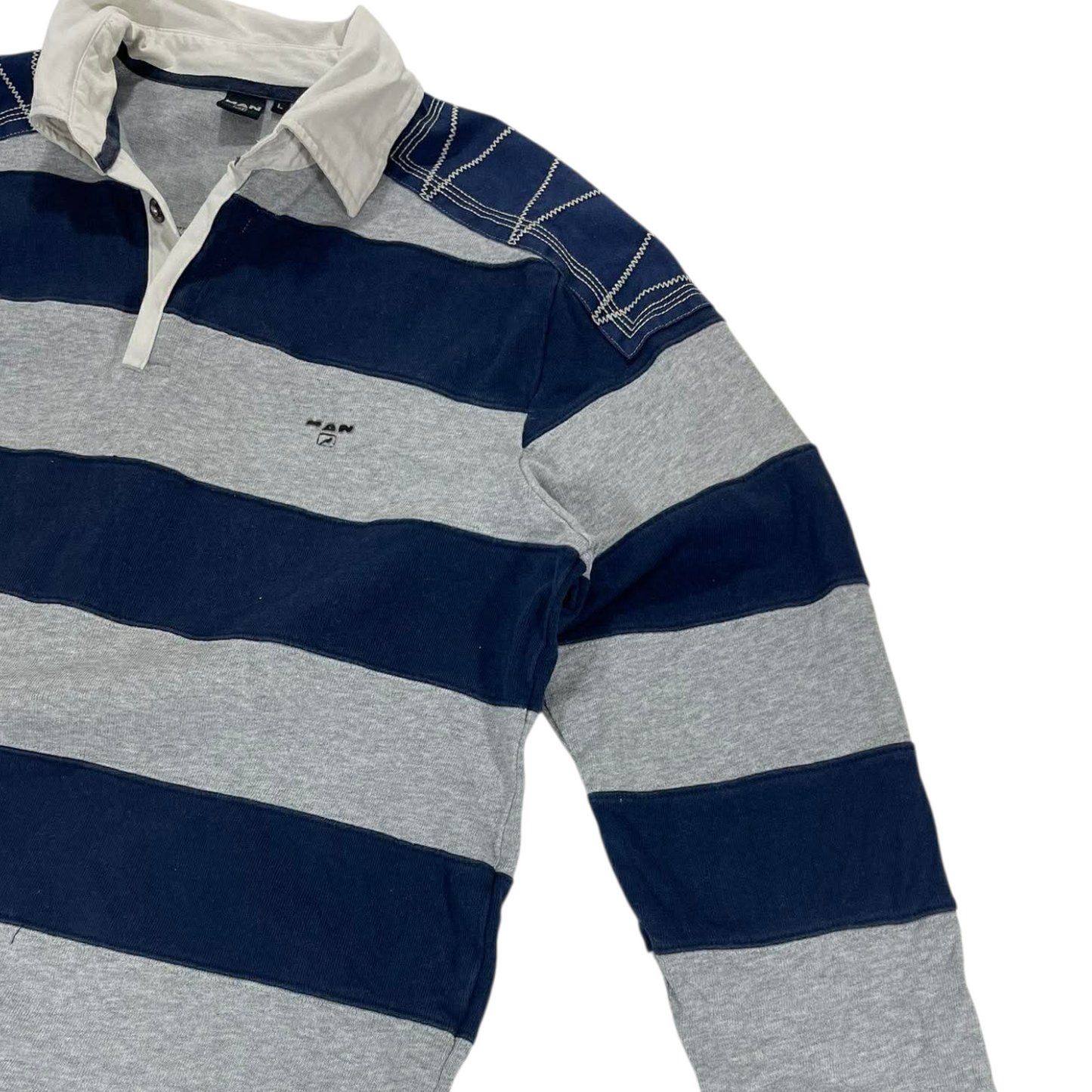 MAN NAVY BLUE & GREY STRIPED LONG SLEEVE POLO SHIRT (L)