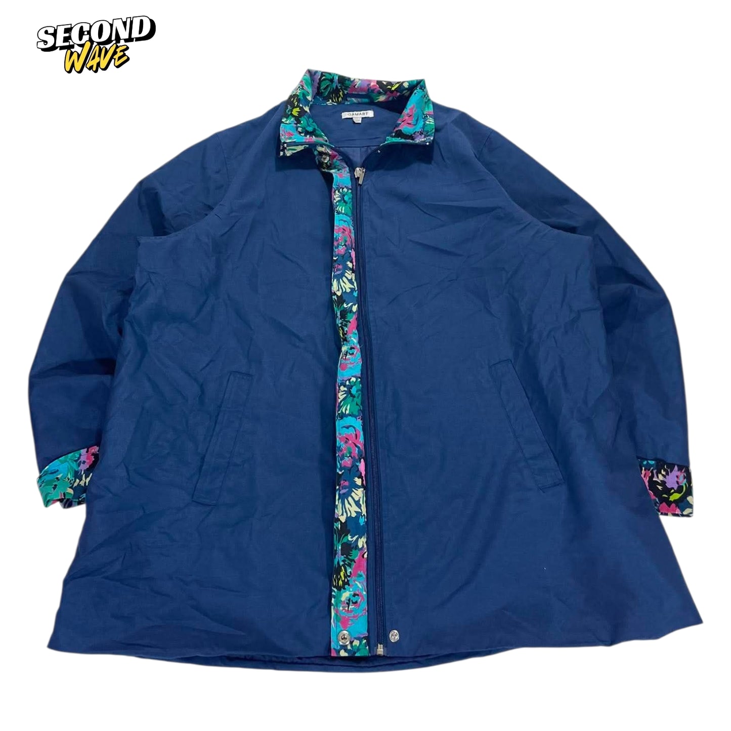 VINTAGE BLUE FLORAL PRINT ZIP UP JACKET (L)
