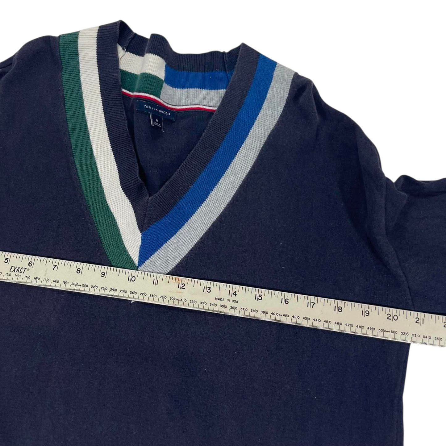 TOMMY HILFIGER NAVY BLUE STRIPED V-NECK SWEATER (M)