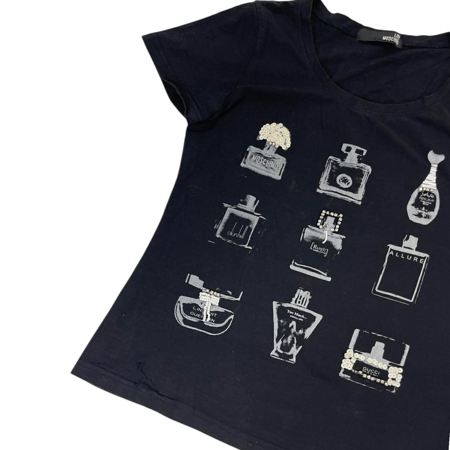 MOSCHINO BLACK PERFUME BOTTLE PRINT T-SHIRT (S-M)