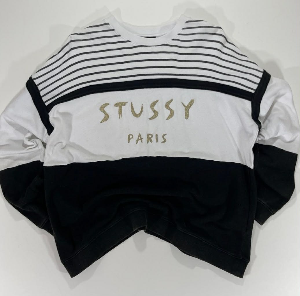 VINTAGE STUSSY BLACK + WHITE STRIPED LONG SLEEVED WITH GOLD GLITTER LOGO