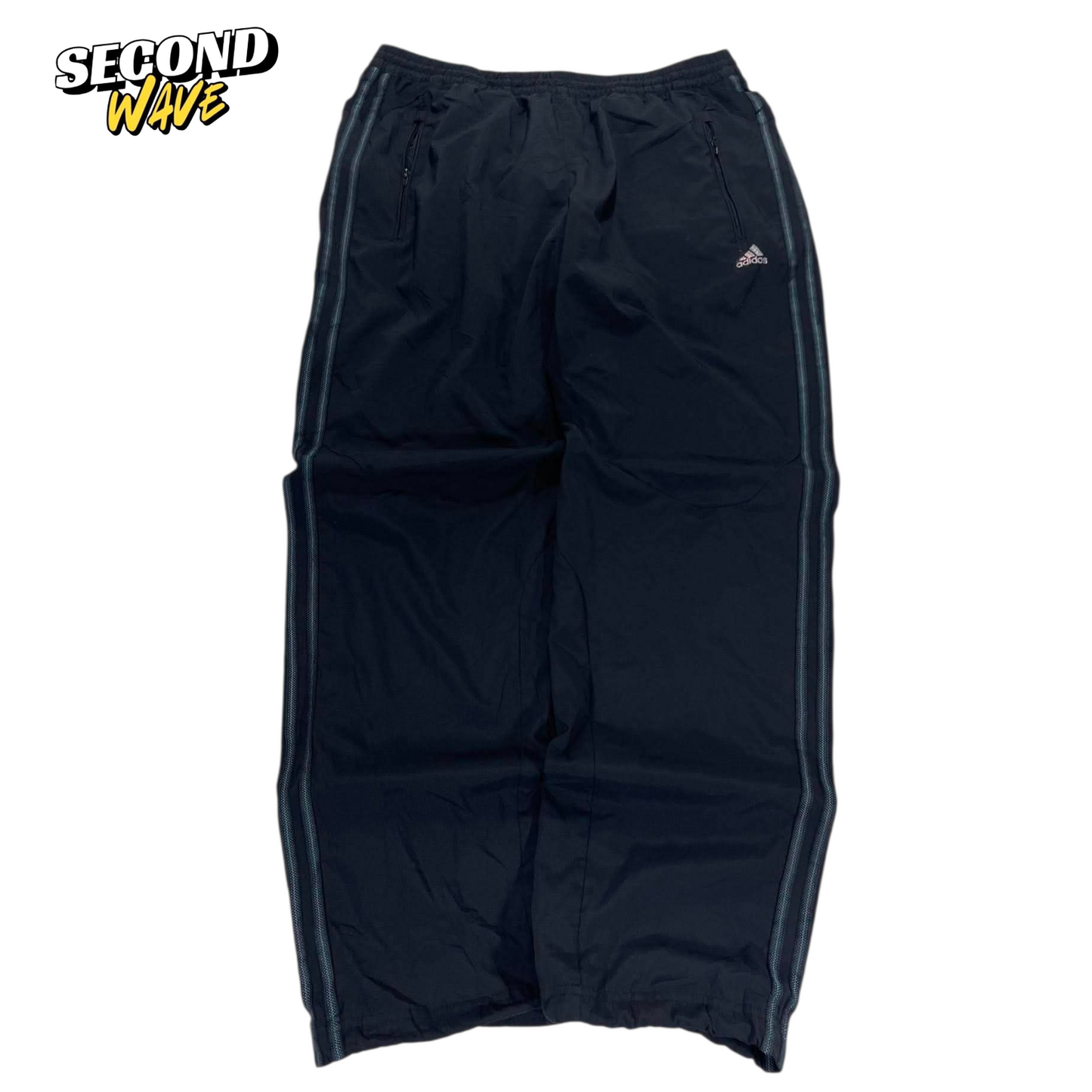 ADIDAS BLACK TRACK PANTS WITH WHITE STRIPES (L)