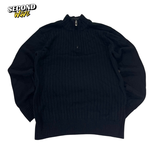 PILGRIM BLACK QUARTER ZIP SWEATER WITH RIBBED COLLAR AND CUFFS (S-M)